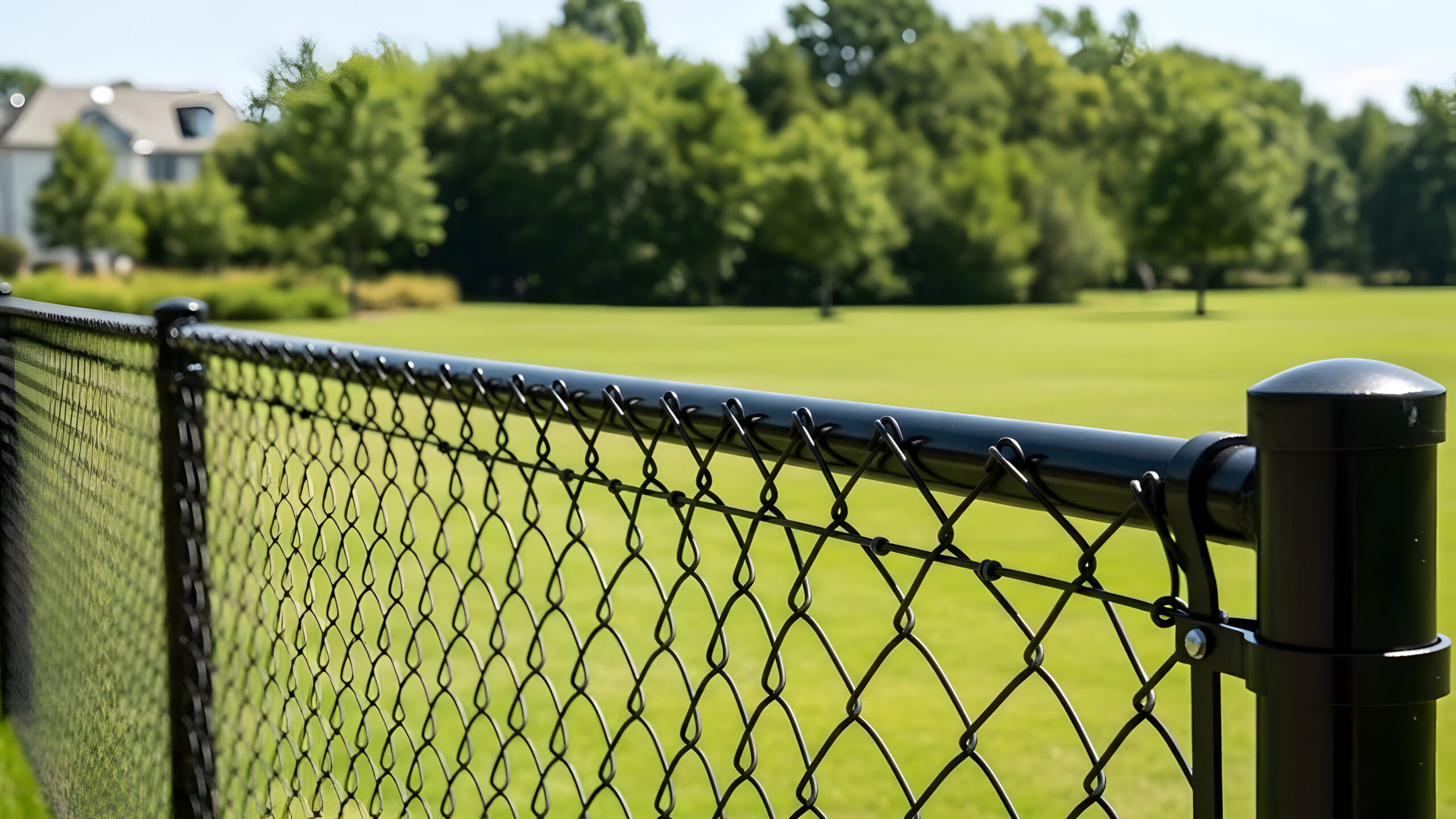 Black chain link fence in a suburban backyard providing security and defining property lines with lush green grass and trees in the background
